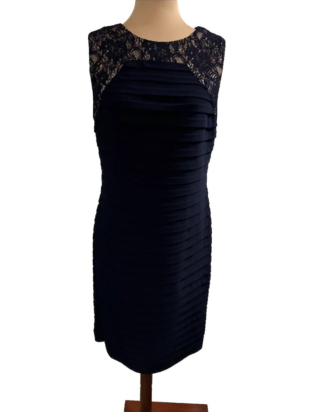 Adrianna Papell Dress Blue Pintuck Panels Lace Inset Stretch 10 Heavy Weighted